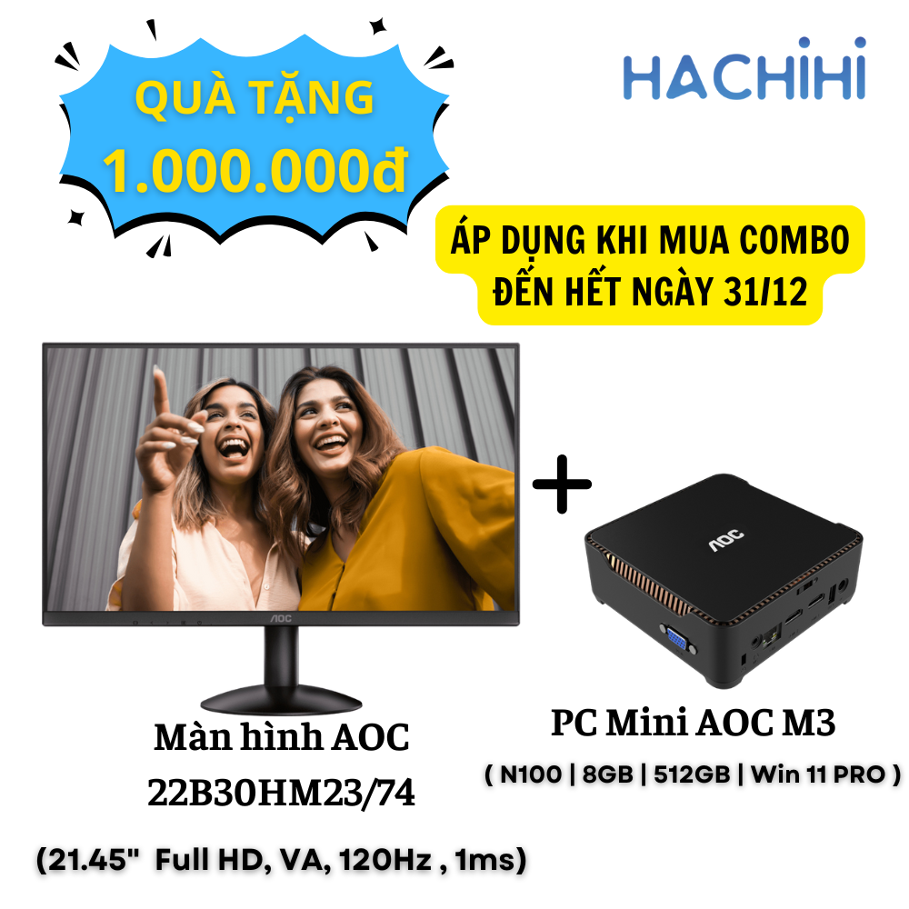 Combo PC Mini AOC M3 + Màn hình AOC 22B30HM23/74 (N100 | 8GB | 512GB | Wi-Fi 6 + Bluetooth | 21.45' FHD | Win 11 Pro)