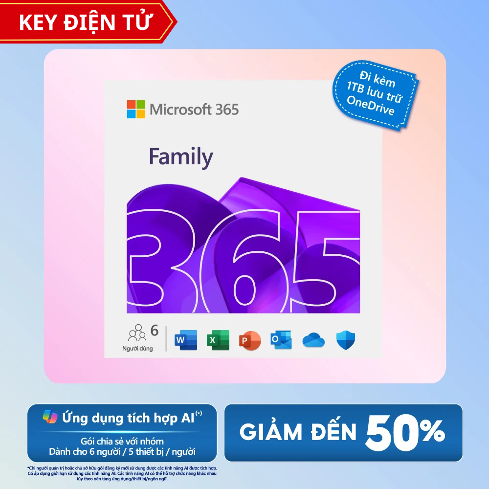 Key-Online Phần mềm Microsoft 365 Family (1 năm / 6 tài khoản / 30 thiết bị)