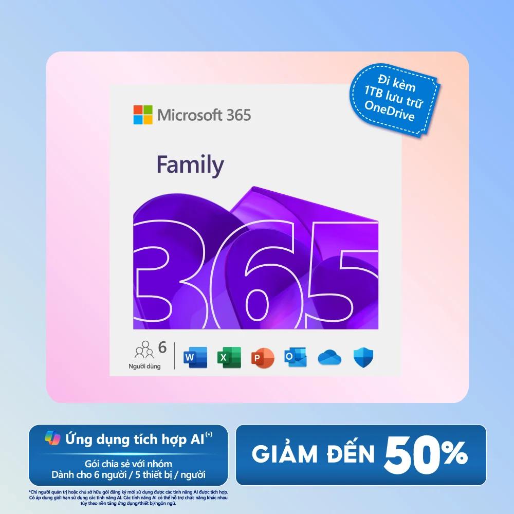 [KEY GIA HẠN hoặc MUA MỚI - Ứng dụng có AI*] Phần mềm Microsoft 365 Family (Tối đa 6 người) | 12 tháng | 1 TB OneDrive / người / 5 thiết bị