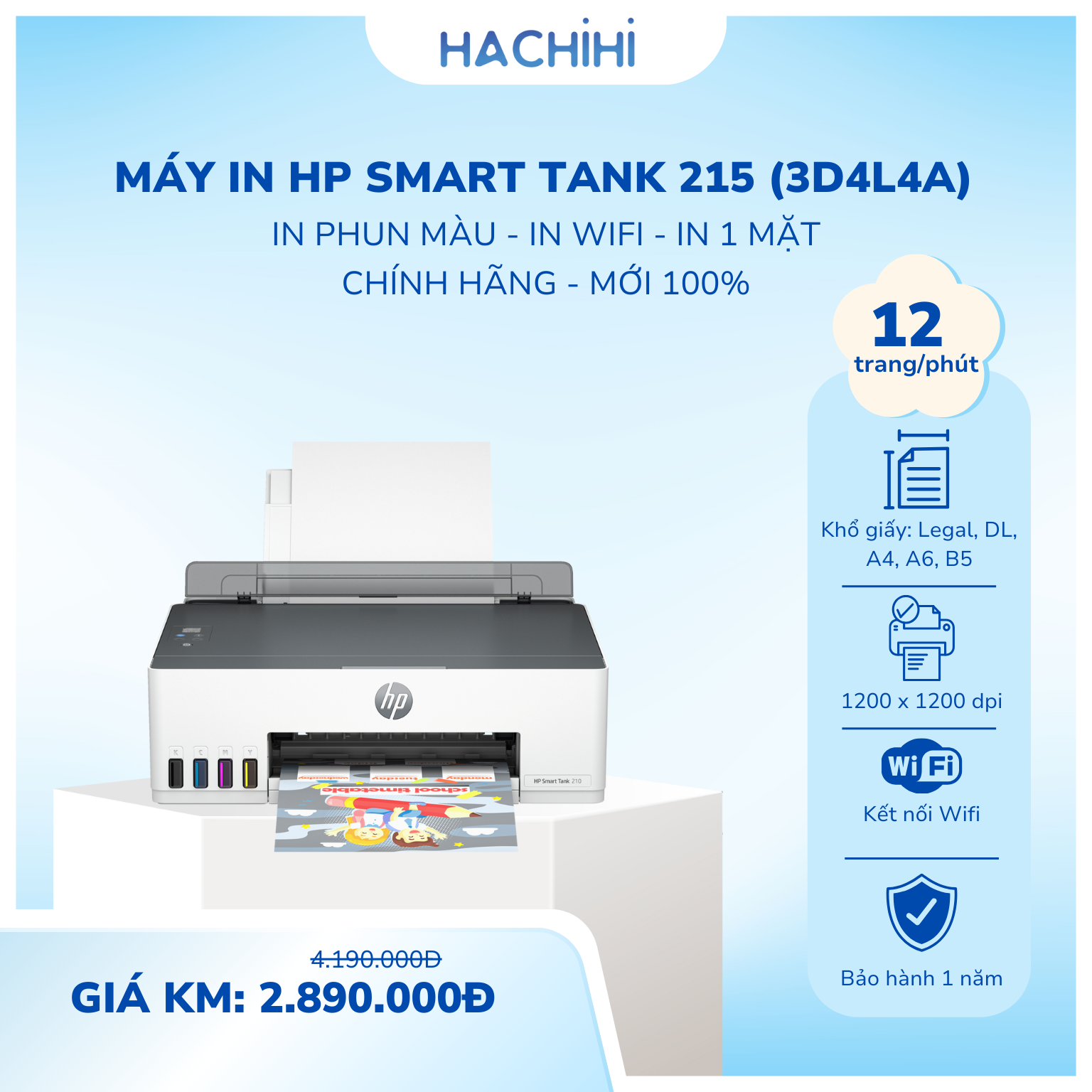 Máy in phun màu HP Smart Tank 215 (3D4L4A)