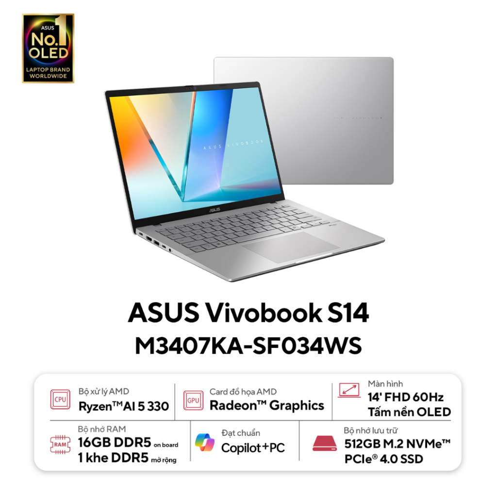Laptop ASUS VivoBook S14 M3407KA-SF034WS (Ryzen AI 5 330 | 16GB | 512GB | AMD Radeon | 14' WUXGA OLED | Win 11 + Office)