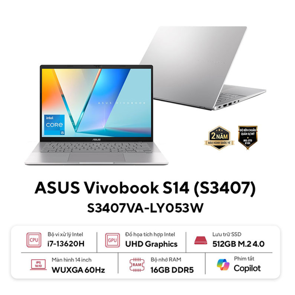 Laptop ASUS VivoBook S14 S3407VA-LY053W (i7-13620H | 16GB | 512GB | Intel UHD | 14' WUXGA | Win 11)